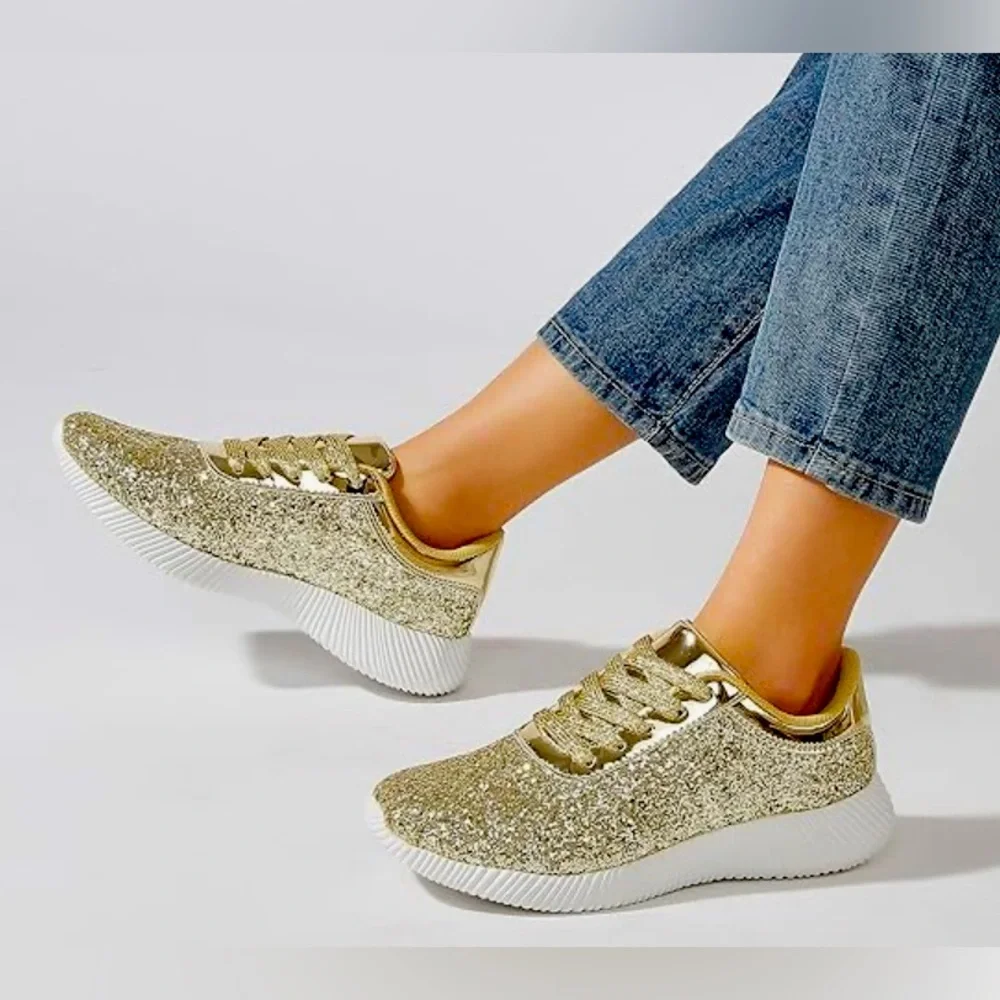 Shiny gold glitter upper sneakers. Memory foam, non-slip rubber soles. Size 7 - Picture 1 of 12